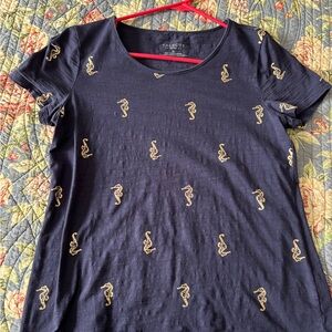 Talbots Women's Navy Blue Top with Gold Seahorse Design